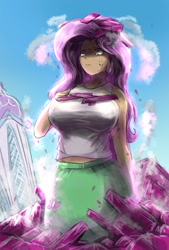 Size: 1377x2039 | Tagged: safe, alternate version, artist:oberon826, imported from derpibooru, fluttershy, equestria girls, my little pony: pony life, big breasts, breasts, busty fluttershy, cloud, cross-popping veins, destruction, equestria girls interpretation, female, g4.5, giantess, giantshy, growth, human coloration, macro, scene interpretation, sky