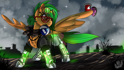 Size: 3840x2160 | Tagged: safe, artist:brainiac, derpibooru exclusive, imported from derpibooru, oc, oc only, oc:atom smasher, cyborg, cyborg pony, pegasus, pony, the sunjackers, chest fluff, clothes, cyberpunk, donut, female, food, jacket, mare, shutter shades, solo, spread wings, wasteland, wings