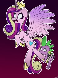 Size: 1280x1707 | Tagged: safe, artist:lexuslove1234, imported from derpibooru, princess cadance, spike, alicorn, dragon, pony, biting, female, floppy ears, horn, male, mare, winged spike, wings