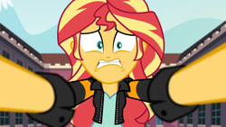 Size: 1920x1080 | Tagged: safe, imported from derpibooru, screencap, sunset shimmer, equestria girls, friendship games, female, frown, gritted teeth, looking at you, perspective, shrunken pupils, solo, wide eyes