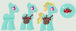 Size: 1125x461 | Tagged: safe, artist:lavaroses, artist:selenaede, imported from derpibooru, oc, oc only, earth pony, pony, bag, base used, flower, green background, male, offspring, parent:rainbow dash, parent:zephyr breeze, parents:zephdash, saddle bag, simple background, solo, stallion, watermark