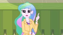 Size: 1920x1080 | Tagged: safe, imported from derpibooru, screencap, princess celestia, equestria girls, friendship games, bracelet, brooch, canterlot high, cutie mark accessory, cutie mark brooch, female, high res, jewelry, lockers, open mouth, principal celestia, solo, sun, watch, wristwatch