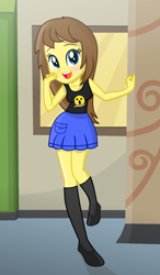 Size: 1280x2198 | Tagged: safe, artist:charliexe, artist:grapefruitface1, imported from derpibooru, oc, oc:grapefruit face, equestria girls, base used, blushing, clothes, freckles, happy, looking at you, rule 63, show accurate, skirt, sleeveless, socks, standing, standing on one leg, story included