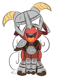 Size: 1000x1300 | Tagged: safe, artist:kingkrail, imported from derpibooru, oc, oc:vanilla melt, pegasus, pony, armor, badass, badass adorable, clothes, cosplay, costume, crossover, cute, female, filly, helmet, open mouth, simple background, skyrim, solo, the elder scrolls, transparent background