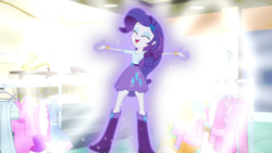 Size: 1920x1080 | Tagged: safe, imported from derpibooru, screencap, rarity, equestria girls, friendship games, abstract background, aura, boots, bracelet, clothes, clothes rack, cute, female, high heel boots, jewelry, open mouth, raribetes, shoes, skirt, smiling, solo, sparkles, transformation