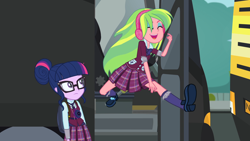 Size: 1920x1080 | Tagged: safe, imported from derpibooru, screencap, lemon zest, sci-twi, twilight sparkle, equestria girls, friendship games, bus, clothes, cute, magic capture device, skirt, zestabetes