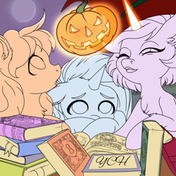 Size: 2000x2000 | Tagged: safe, artist:ynery, imported from derpibooru, oc, earth pony, pegasus, pony, background, book, commission, female, halloween, hat, holiday, horn, jack-o-lantern, magic, moon, open mouth, pumpkin, scared, witch hat, your character here