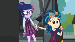 Size: 1920x1080 | Tagged: safe, imported from derpibooru, screencap, indigo zap, sci-twi, twilight sparkle, equestria girls, friendship games, bus, clothes, crystal prep academy uniform, ear piercing, earring, glasses, goggles, jewelry, piercing, pushing, school uniform