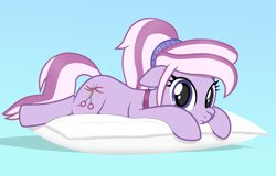 Size: 3542x2262 | Tagged: safe, artist:chomakony, imported from derpibooru, oc, oc only, oc:zoasie, earth pony, pony, cheek squish, earth pony oc, female, gradient background, looking at you, lying down, mare, pillow, ponytail, scissors, show accurate, simple background, solo, squishy cheeks, tail