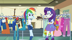 Size: 1920x1080 | Tagged: safe, imported from derpibooru, screencap, rainbow dash, rarity, equestria girls, friendship games, boots, clothes, female, instant cosplay surprise, rainbow dash always dresses in style, shoes, skirt