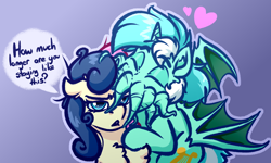 Size: 4000x2400 | Tagged: safe, artist:witchtaunter, imported from derpibooru, bon bon, lyra heartstrings, sweetie drops, alicorn, earth pony, pony, bat wings, body horror, bon bon is not amused, chest fluff, cthulhu, cthulhu mythos, cthulyra, cute, ear fluff, eldritch abomination, female, floppy ears, gradient background, halloween, holiday, hug, kissing, l.u.l.s., lesbian, lyrabetes, lyrabon, not salmon, shipping, species swap, tentacles, unamused, wat, wings