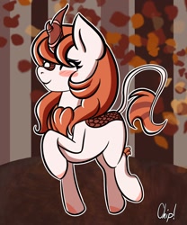 Size: 1000x1200 | Tagged: safe, artist:plaguemare, imported from derpibooru, oc, oc only, oc:chip breeze, kirin, autumn, autumn leaves, blushing, female, happy, horn, jumping, kirin oc, kirin-ified, leaf, leaves, mare, running, signature, smiling, solo, species swap, white outline