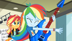 Size: 1920x1080 | Tagged: safe, imported from derpibooru, screencap, rainbow dash, sunset shimmer, equestria girls, friendship games, female, guitar, musical instrument