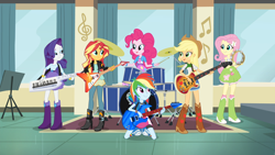 Size: 1920x1080 | Tagged: safe, imported from derpibooru, screencap, applejack, fluttershy, pinkie pie, rainbow dash, rarity, sunset shimmer, equestria girls, friendship games, humane five, musical instrument