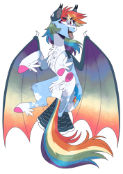 Size: 1579x2234 | Tagged: safe, artist:wanderingpegasus, imported from derpibooru, rainbow dash, bat pony, pony, alternate hairstyle, bat ponified, chest fluff, ear fluff, fangs, female, flying, freckles, halloween, holiday, leg fluff, mare, markings, open mouth, race swap, rainbowbat, simple background, solo, tongue out, transparent background, unshorn fetlocks