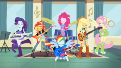 Size: 1920x1080 | Tagged: safe, imported from derpibooru, screencap, applejack, fluttershy, pinkie pie, rainbow dash, rarity, sunset shimmer, equestria girls, friendship games, applejack's hat, bass guitar, boots, bracelet, clothes, cowboy boots, cowboy hat, cutie mark on clothes, denim skirt, drum kit, drums, drumsticks, electric guitar, eyes closed, female, guitar, hairpin, hat, high res, humane five, jacket, jewelry, leather, leather jacket, musical instrument, open mouth, open smile, ponied up, shoes, skirt, smiling, spread wings, tambourine, wings