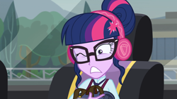 Size: 1920x1080 | Tagged: safe, imported from derpibooru, screencap, sci-twi, twilight sparkle, equestria girls, friendship games, bag, bus, female, headphones, solo