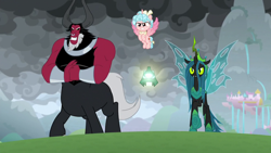 Size: 1920x1080 | Tagged: safe, imported from derpibooru, screencap, cozy glow, lord tirek, queen chrysalis, alicorn, centaur, the ending of the end, alicornified, bell, cozycorn, grogar's bell, race swap
