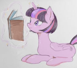 Size: 768x679 | Tagged: safe, artist:kagitsuki, imported from derpibooru, twilight sparkle, alicorn, pony, alternate hairstyle, book, cute, female, folded wings, haircut, lying down, magic, mare, prone, reading, short hair, simple background, solo, telekinesis, twiabetes, twilight sparkle (alicorn), white background, wings