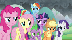 Size: 1920x1080 | Tagged: safe, imported from derpibooru, screencap, applejack, fluttershy, pinkie pie, rainbow dash, rarity, spike, twilight sparkle, alicorn, dragon, earth pony, the ending of the end, eyebrows, mane seven, mane six, twilight sparkle (alicorn), winged spike, wings