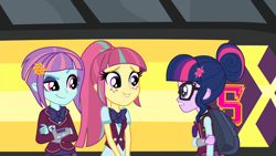 Size: 1920x1080 | Tagged: safe, imported from derpibooru, screencap, sci-twi, sour sweet, sunny flare, twilight sparkle, equestria girls, friendship games, bus, crystal prep academy, smiling, smirk