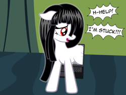 Size: 2448x1862 | Tagged: safe, artist:badumsquish, derpibooru exclusive, imported from derpibooru, oc, oc only, ghost, ghost pony, original species, pony, undead, adorable distress, computer, cute, dialogue, female, floppy ears, glow, glowing, halp, laptop computer, looking back, ocbetes, red eyes, sad, sadako, samara, samara morgan, show accurate, smol, solo, static, struggling, stuck, the ass was too fat, the ring, thick