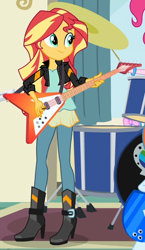 Size: 388x668 | Tagged: safe, imported from derpibooru, screencap, sunset shimmer, equestria girls, friendship games, boots, clothes, cropped, electric guitar, gibson flying v, guitar, leggings, musical instrument, shoes, solo focus