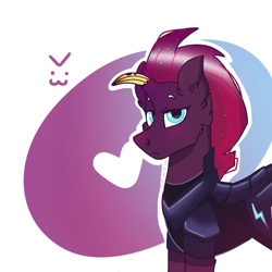 Size: 768x768 | Tagged: safe, artist:valkiria, derpibooru exclusive, imported from derpibooru, tempest shadow, pony, unicorn, >:3, armor, banana, broken horn, cute, fake horn, female, food, heart, horn, looking at you, mare, simple background, tempest gets her horn back, unimpressed