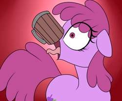 Size: 1200x1000 | Tagged: safe, artist:datte-before-dawn, berry punch, berryshine, earth pony, pony, art pack:marenheit 451 charity stream, eye clipping through hair, female, floppy ears, looking at you, mare, mug, open mouth, screaming, shrunken pupils, solo, tankard, tongue out, wide eyes