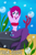 Size: 1404x2120 | Tagged: safe, artist:cyber-murph, imported from derpibooru, fuchsia blush, lavender lace, trixie, mermaid, series:cyber-murph's mermaids, equestria girls, rainbow rocks, arm behind head, background human, belly, belly button, bellyring, bikini, bubble, clothes, coral, fish scales, mermaidized, piercing, rock, scales, seaweed, short hair, signature, sitting, species swap, swimsuit, trixie and the illusions, underwater