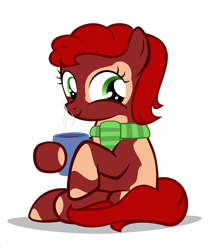 Size: 3900x4660 | Tagged: safe, artist:strategypony, imported from derpibooru, oc, oc only, oc:chocolate belle, clothes, cup, female, filly, scarf, simple background, sitting, transparent background, younger