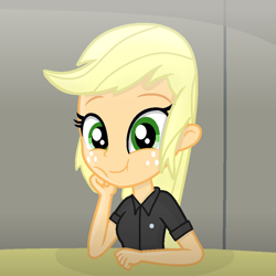Size: 938x938 | Tagged: safe, artist:grapefruitface1, imported from derpibooru, applejack, equestria girls, base used, blonde, hands on cheeks, hatless, john deacon, looking at you, missing accessory, queen (band), solo, table