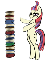 Size: 475x568 | Tagged: safe, artist:plaguemare, moondancer, pony, unicorn, /mlp/, 4chan, bipedal, book, drawthread, female, gesture, glasses, lidded eyes, looking at you, mare, missing horn, requested art, simple background, smiling, solo, tower of books, white background