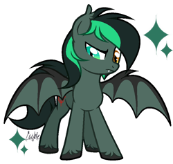 Size: 786x744 | Tagged: safe, artist:lazuli, imported from derpibooru, oc, oc only, bat pony, pony, bat pony oc, bat wings, commission, heterochromia, signature, solo, spread wings, unshorn fetlocks, wings, ych result