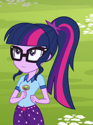 Size: 764x1026 | Tagged: safe, edit, edited screencap, editor:mycarhasamoustache, imported from derpibooru, screencap, sci-twi, twilight sparkle, equestria girls, legend of everfree, camp everfree outfits, cropped, smile edit, solo