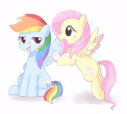 Size: 2048x1831 | Tagged: dead source, safe, artist:arrow__root, artist:ginmaruxx, imported from derpibooru, fluttershy, rainbow dash, pegasus, pony, bandage, blushing, butt, cute, dashabetes, duo, female, flutterdash, lesbian, looking at each other, mare, plot, shipping, shyabetes, simple background, white background