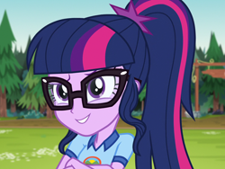 Size: 1438x1080 | Tagged: safe, imported from derpibooru, screencap, sci-twi, twilight sparkle, equestria girls, legend of everfree, adorkable, camp everfree outfits, clothes, cropped, cute, shirt, smiling, solo, twiabetes