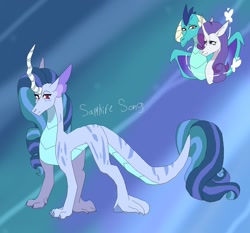 Size: 1280x1192 | Tagged: safe, artist:mayflower-mlp, imported from derpibooru, princess ember, rarity, oc, oc:sapphire song, dracony, dragon, hybrid, pony, unicorn, abstract background, curved horn, dragoness, emberity, female, horn, interspecies offspring, lesbian, magical lesbian spawn, offspring, parent:princess ember, parent:rarity, parents:emberity, quadrupedal, shipping