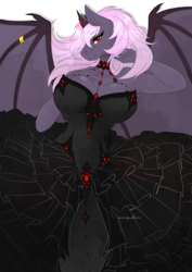 Size: 2480x3508 | Tagged: safe, artist:ameryukira, imported from derpibooru, oc, oc:sak, anthro, bat pony, vampire, vampony, adorasexy, bat pony oc, bat wings, big breasts, breasts, clothes, cute, dress, goth, gothic, jewelry, looking at you, lying down, sexy, tiara, wing ring, wings