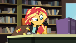 Size: 1920x1080 | Tagged: safe, imported from derpibooru, screencap, sunset shimmer, equestria girls, friendship games, book, bookshelf, library