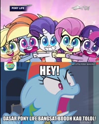 Size: 1831x2289 | Tagged: safe, edit, edited screencap, imported from derpibooru, screencap, rainbow dash, pegasus, pony, my little pony: pony life, parental glideance, princess probz, spoiler:pony life s01e01, angry, caption, drama, female, g4.5, image macro, indonesia, indonesian, indosiar, locker room, mouthpiece, obligatory pony, op can't let go, op isn't even trying anymore, pony life drama, quiet, rajawali televisi, rtv, stop, text, unamused, vulgar, yelling
