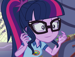 Size: 1390x1064 | Tagged: safe, edit, edited screencap, editor:mycarhasamoustache, imported from derpibooru, screencap, sci-twi, twilight sparkle, equestria girls, legend of everfree, camp everfree outfits, cropped, nervous, smile edit, solo