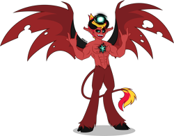 Size: 4000x3132 | Tagged: safe, artist:orin331, imported from derpibooru, sunset shimmer, demon, satyr, equestria girls, equestria girls (movie), abs, corrupted, devil horn (gesture), element of magic, equestria guys, evil, evil grin, grin, magic, male, muscles, muscular male, rule 63, sharp teeth, simple background, smiling, solo, sunset glare, sunset lucifer, sunset satan, teeth, transparent background, wings