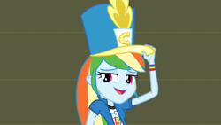 Size: 1920x1080 | Tagged: safe, imported from derpibooru, screencap, rainbow dash, equestria girls, friendship games, canterlot high, chs rally song, clothes, faic, female, hat, reaction image, smug, smugdash, solo, wondercolts