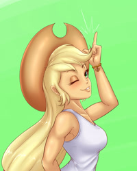 Size: 2000x2500 | Tagged: safe, artist:albertbm, imported from derpibooru, applejack, equestria girls, adorasexy, bracelet, breasts, busty applejack, clothes, cowboy hat, cute, female, freckles, green background, hat, high res, implied lesbian, implied rarijack, implied shipping, jewelry, one eye closed, sexy, simple background, smiling, solo, stetson, tanktop, wink