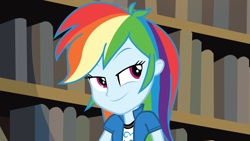 Size: 1920x1080 | Tagged: safe, imported from derpibooru, screencap, rainbow dash, equestria girls, friendship games, book, bookshelf, clothes, cunning plan, faic, female, smug, solo