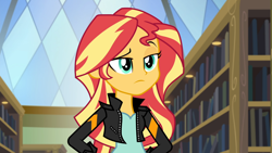 Size: 1920x1080 | Tagged: safe, imported from derpibooru, screencap, sunset shimmer, equestria girls, friendship games, female, frown, library, solo, unamused