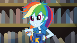 Size: 1920x1080 | Tagged: safe, imported from derpibooru, screencap, rainbow dash, equestria girls, friendship games, book, bookshelf, cute, female, solo