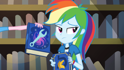 Size: 1920x1080 | Tagged: safe, imported from derpibooru, screencap, pinkie pie, rainbow dash, equestria girls, friendship games, book, bookshelf, female