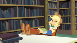 Size: 1920x1080 | Tagged: safe, imported from derpibooru, screencap, applejack, equestria girls, friendship games, book, bookshelf, boots, clothes, cowboy boots, feet on table, female, one eye closed, seductive, shoes, solo, the "superman wink", wink